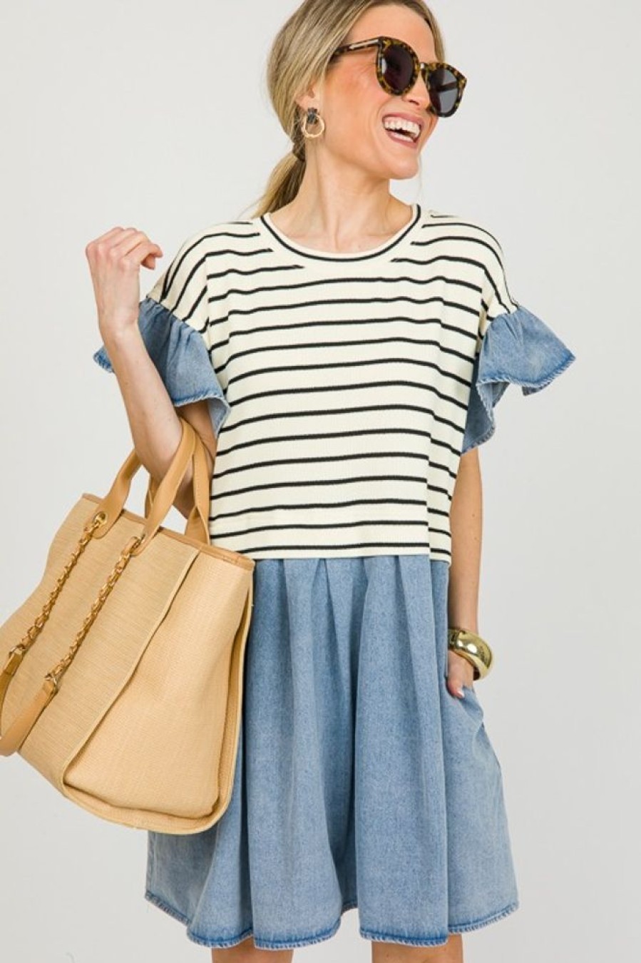 Entro Dresses W/ Sleeves | Denim Contrast Stripe Dress