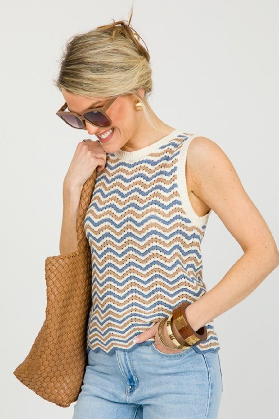 Blu Pepper Short Sleeve & Sleeveless | Scallop Stripe Sweater Tank, Dusty Blue