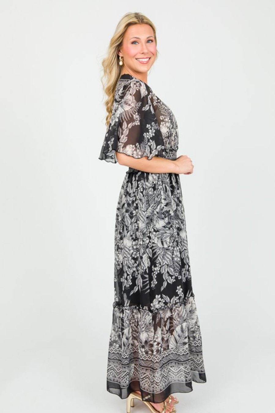 Jast Apparel Maxi & Midi | Chiffon Floral Maxi, Black/Ivory