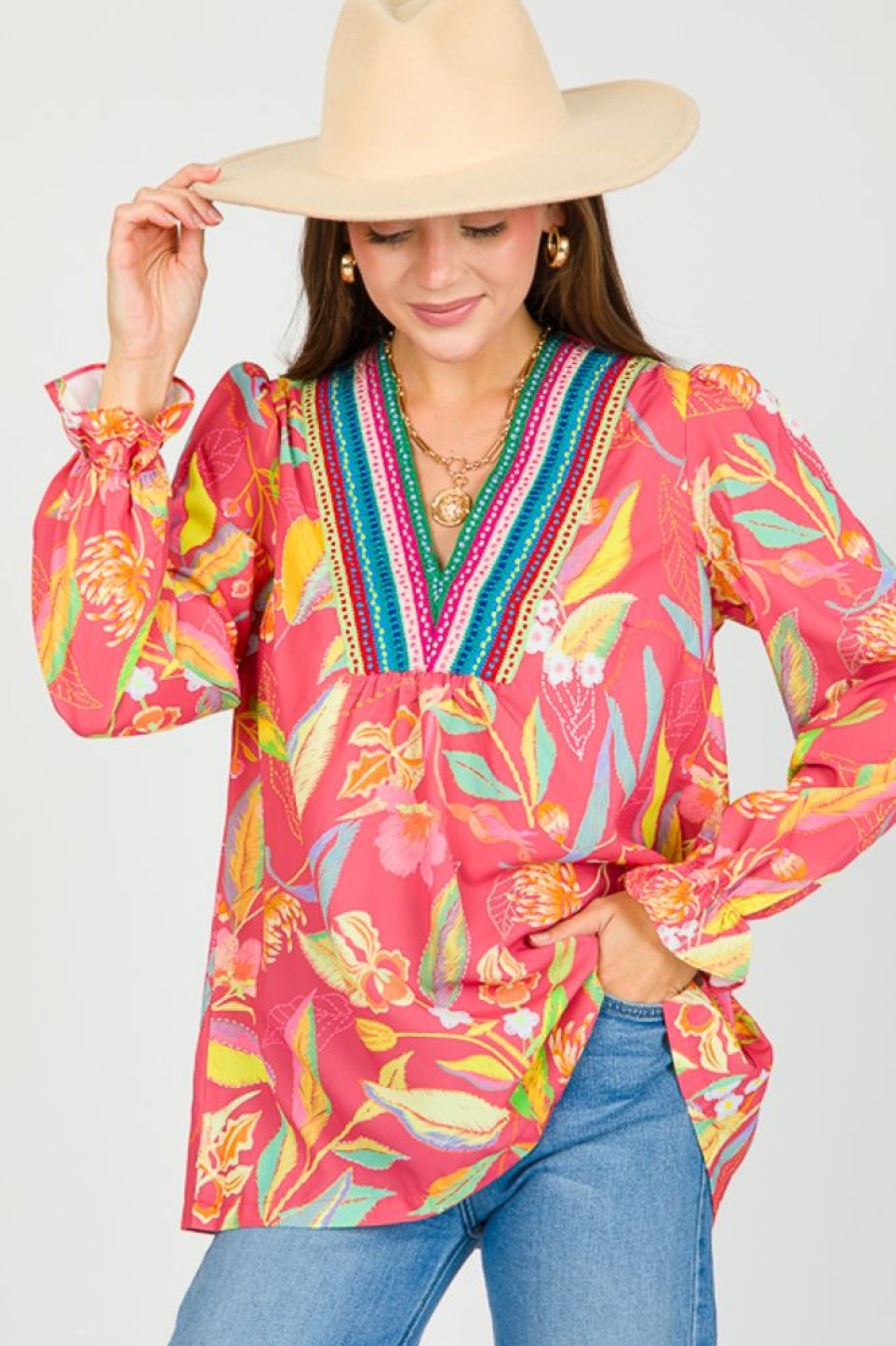 Umgee 3/4 & Long Sleeve | Floral Multi V Blouse, Rose