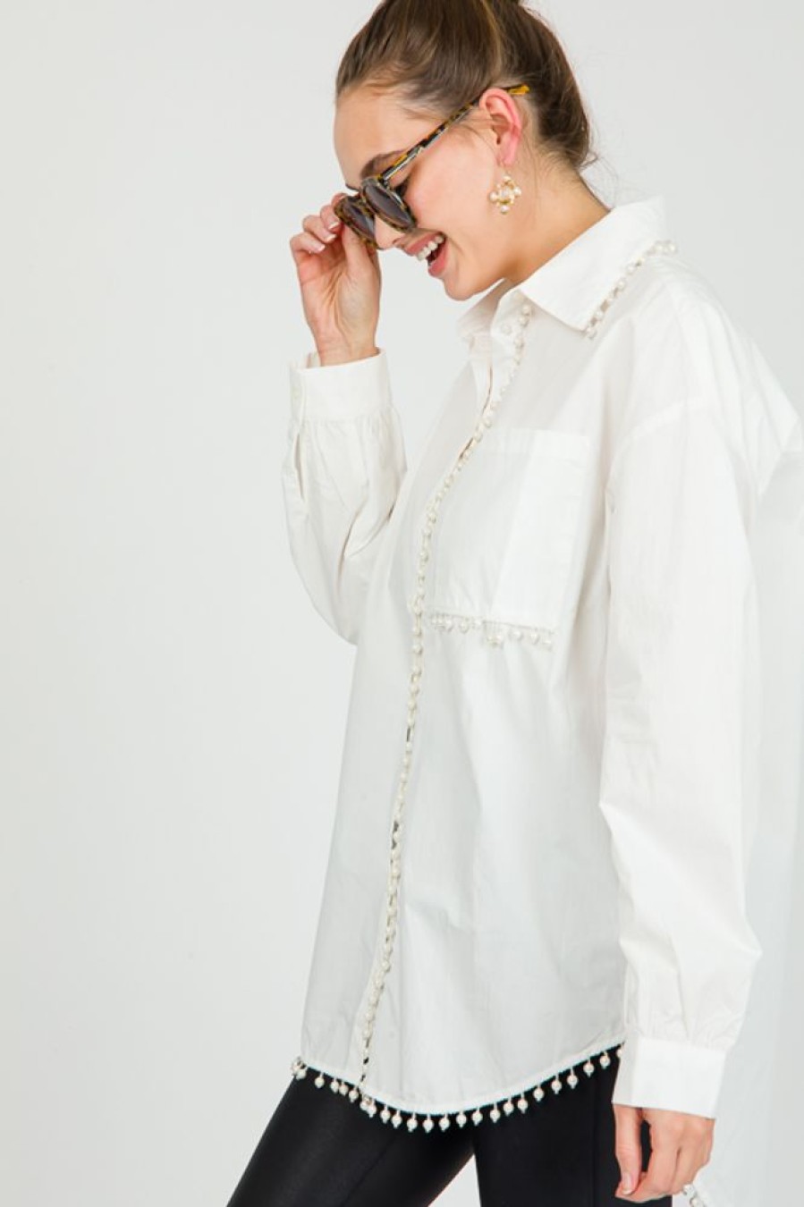 AndTheWhy 3/4 & Long Sleeve | Pearl Trim Button Down, Off White