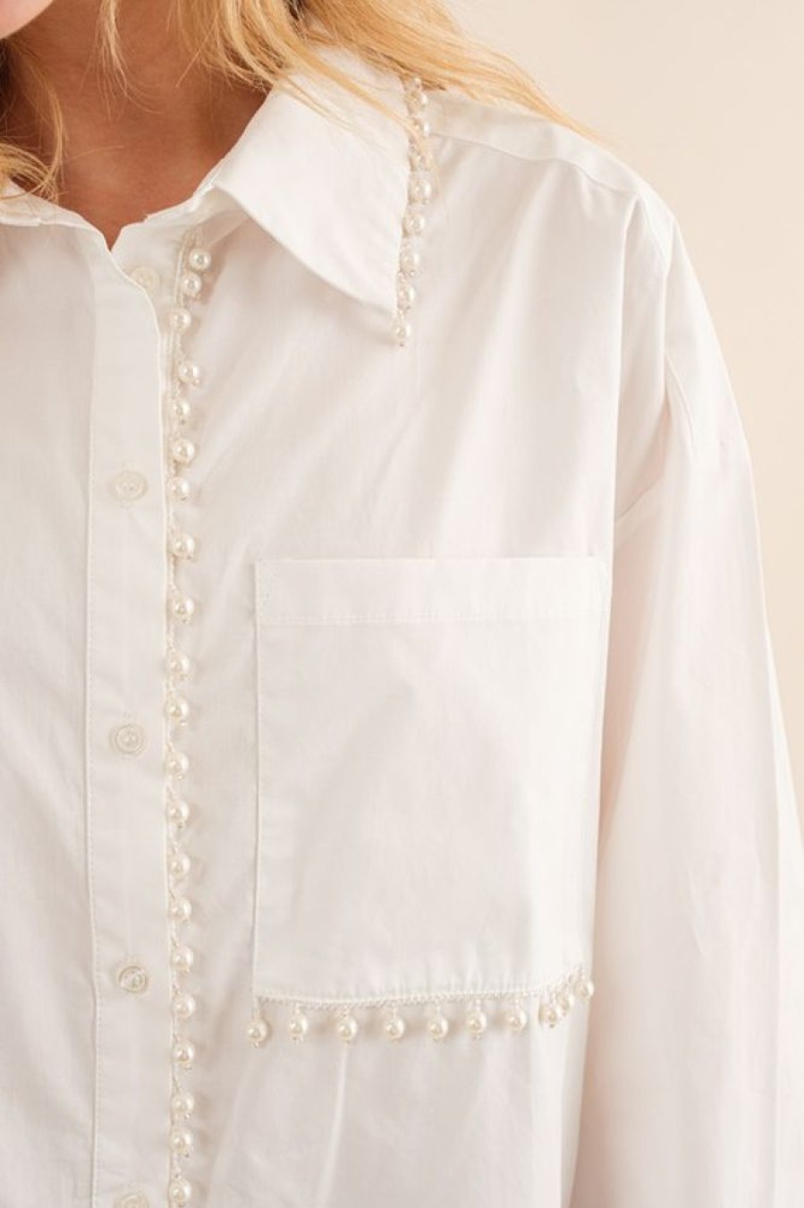 AndTheWhy 3/4 & Long Sleeve | Pearl Trim Button Down, Off White