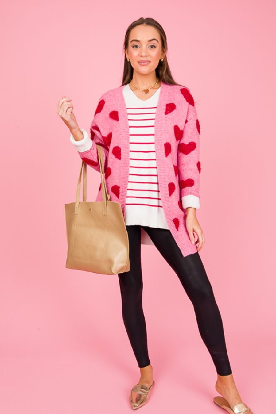 &merci 3/4 & Long Sleeve | Hearts Pocket Cardigan, Pink