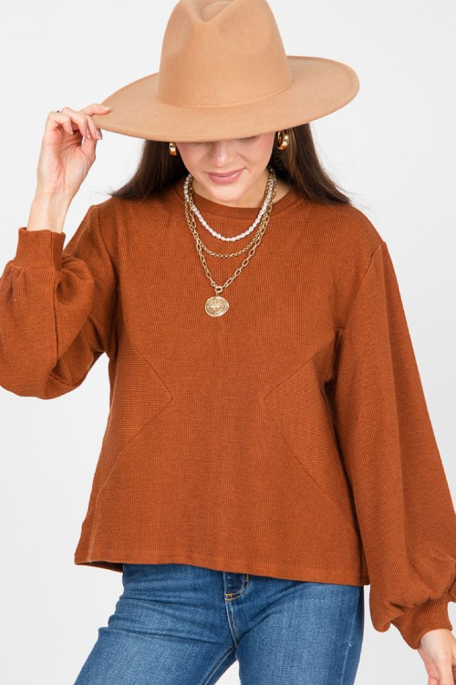 She + Sky 3/4 & Long Sleeve | Montana Rib Top, Caramel