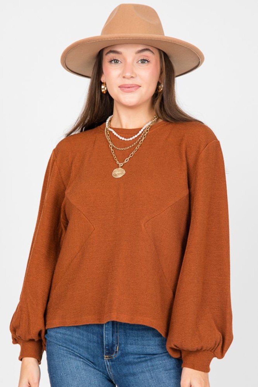 She + Sky 3/4 & Long Sleeve | Montana Rib Top, Caramel