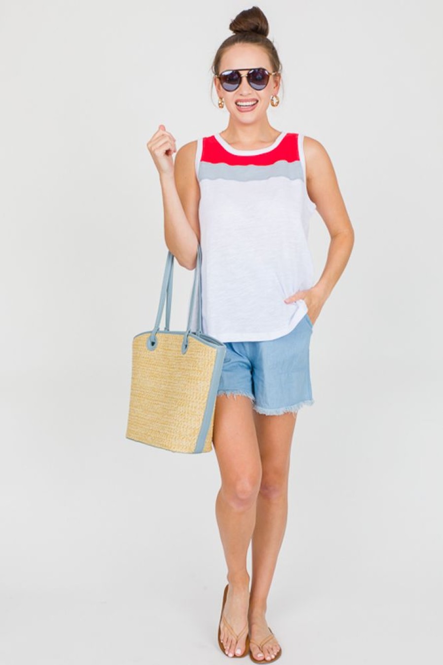 Cotton Bleu Short Sleeve & Sleeveless | Colorblock Tank, White Combo