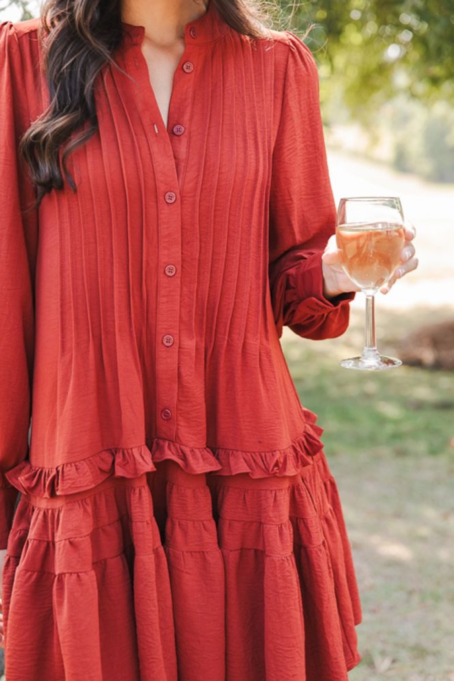 She + Sky Dresses W/ Sleeves | Marjorie Button Dress, Brick