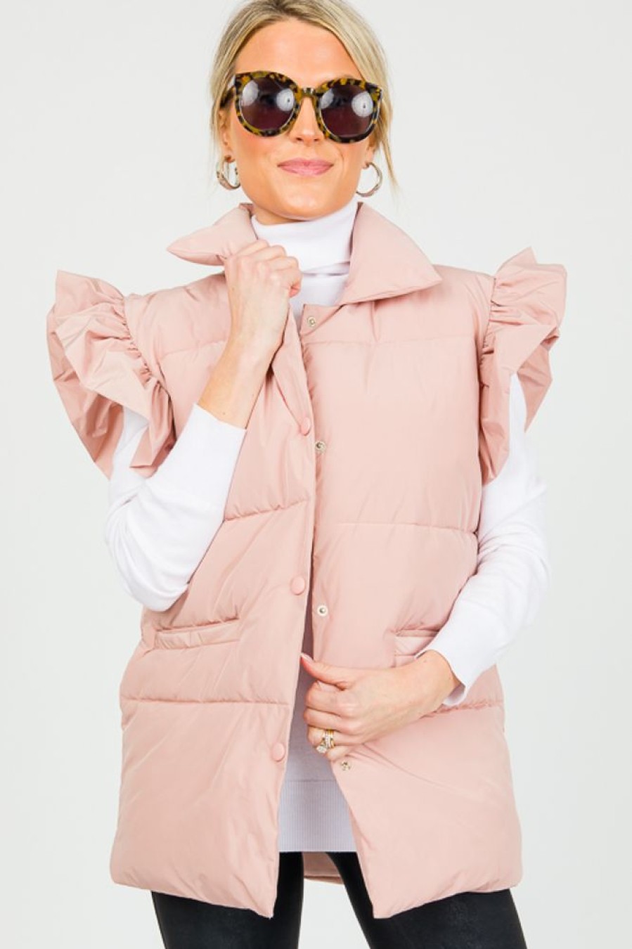 Veveret Jackets / Coats / Vests / Blazers | Ruffle Puffer Vest, Mauve