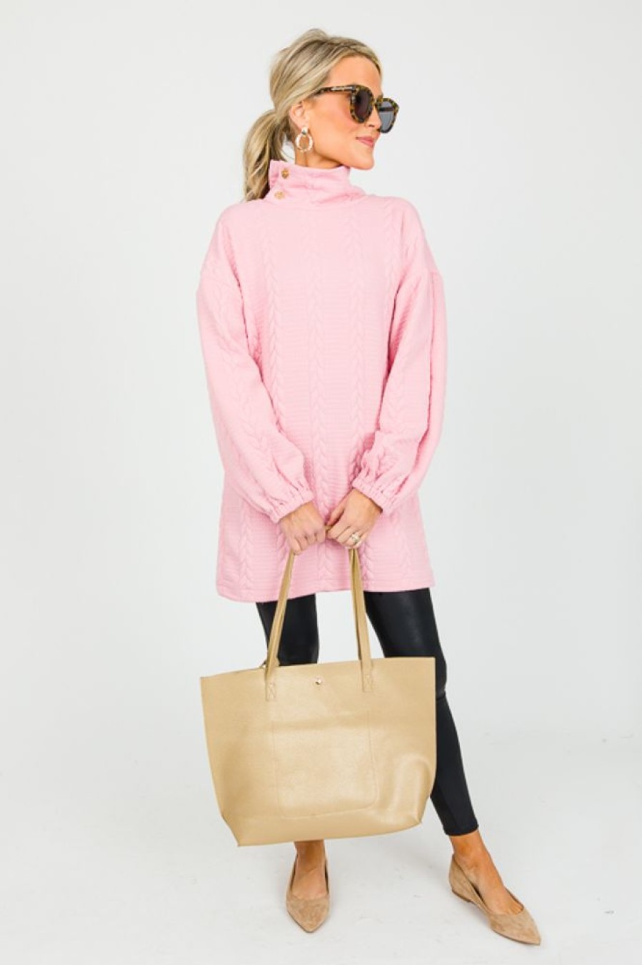 Sundayup Dresses W/ Sleeves | Button Neck Texture Dress, Pink