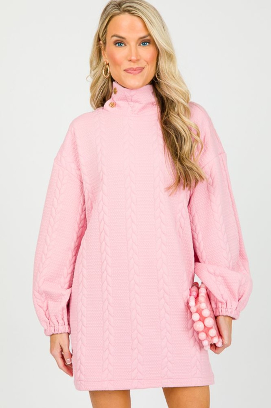 Sundayup Dresses W/ Sleeves | Button Neck Texture Dress, Pink