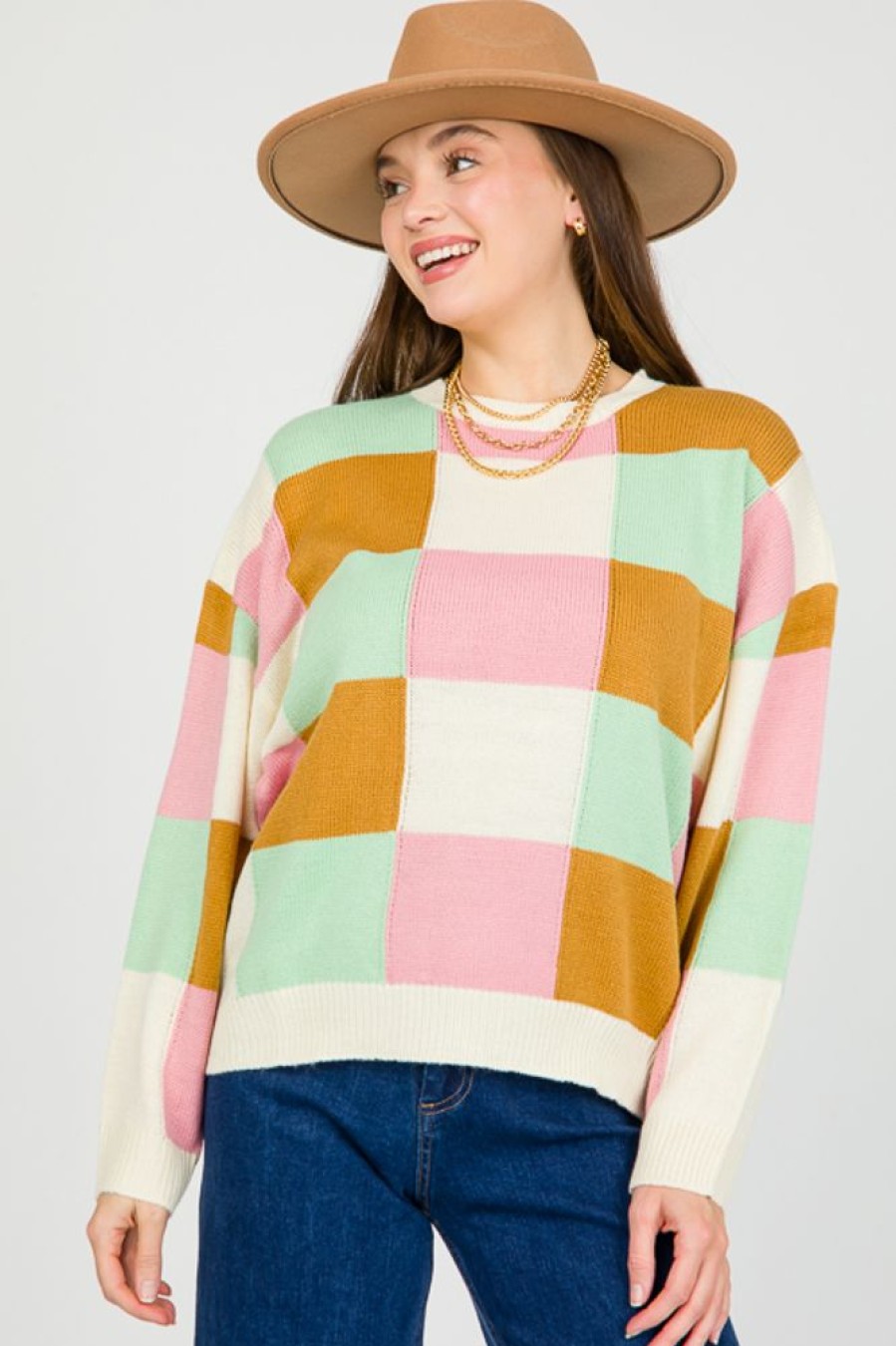 Le Lis 3/4 & Long Sleeve | Checker Sweater, Cream Multi