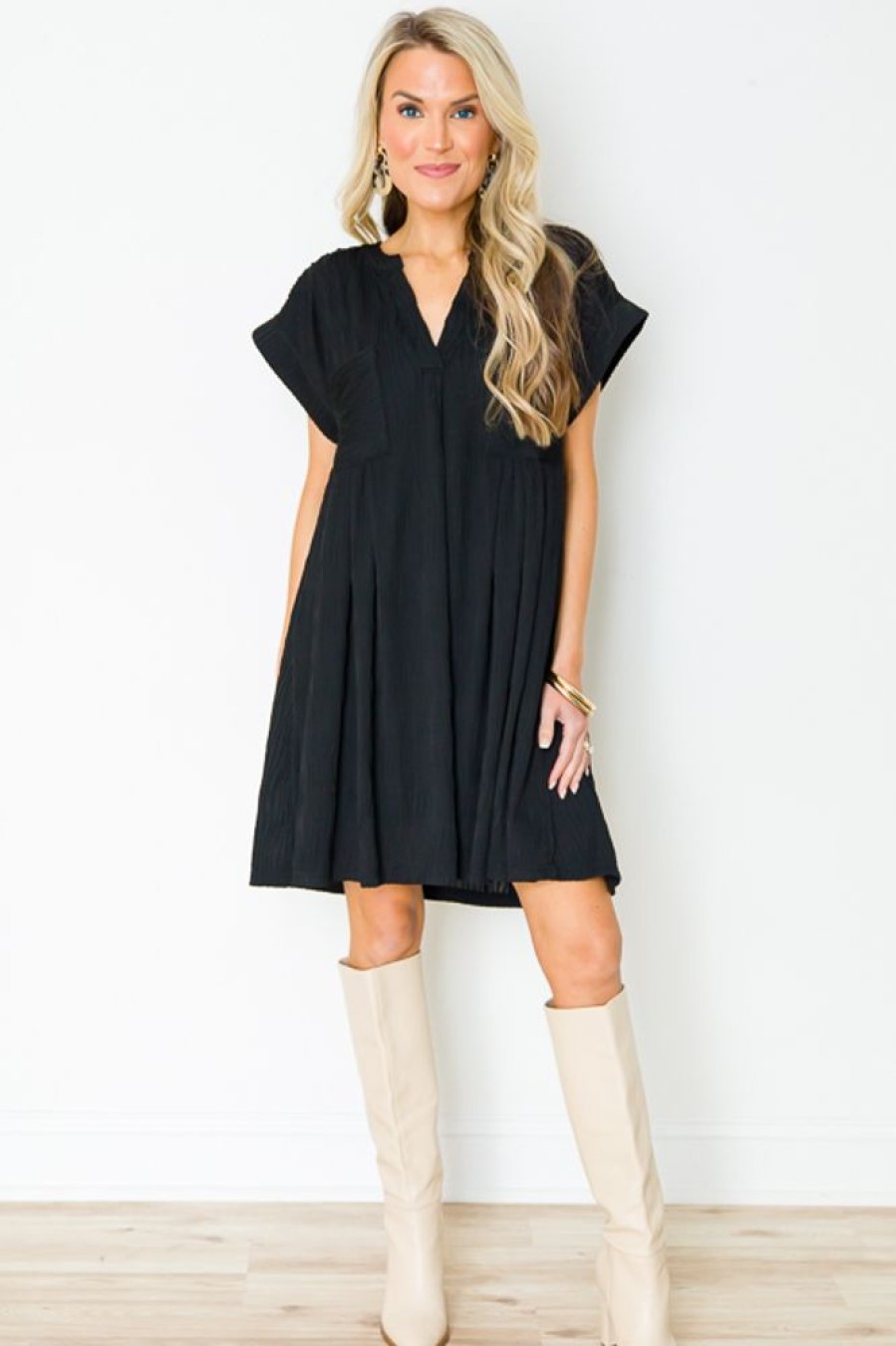 Entro Little Black Dress | Cate Crinkle Texture Dress, Black