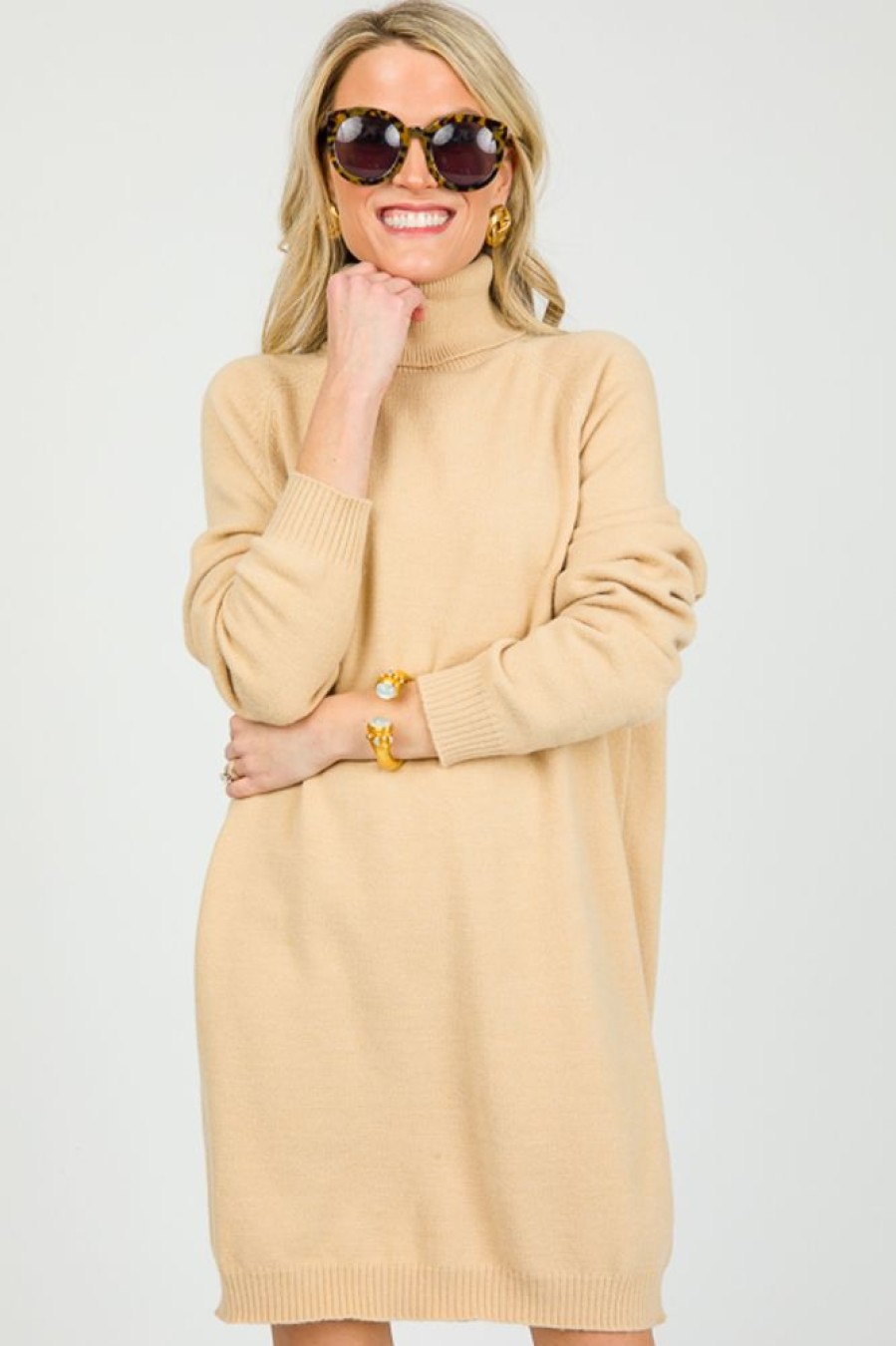 Idem Ditto Dresses W/ Sleeves | Ls Turtleneck Sweater Dress, Beige