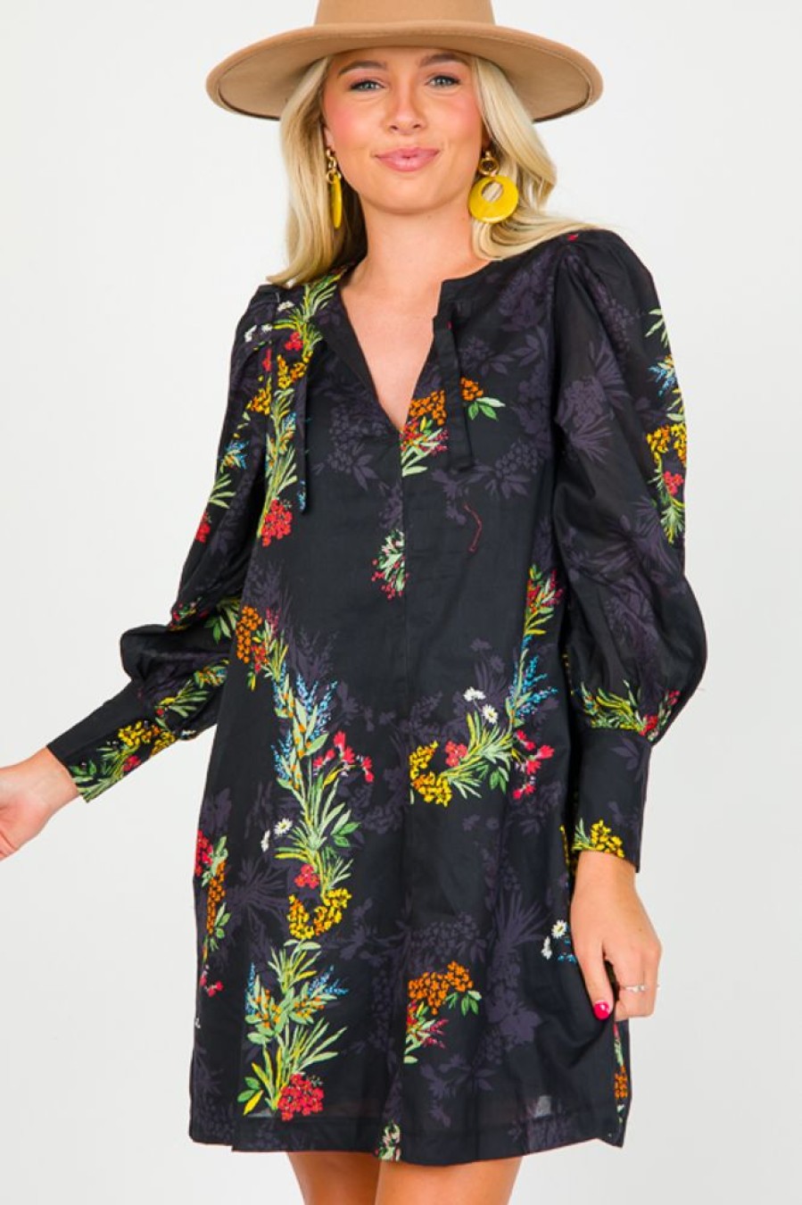 Olivaceous Dresses W/ Sleeves | Wild Flower Dress, Black Multi