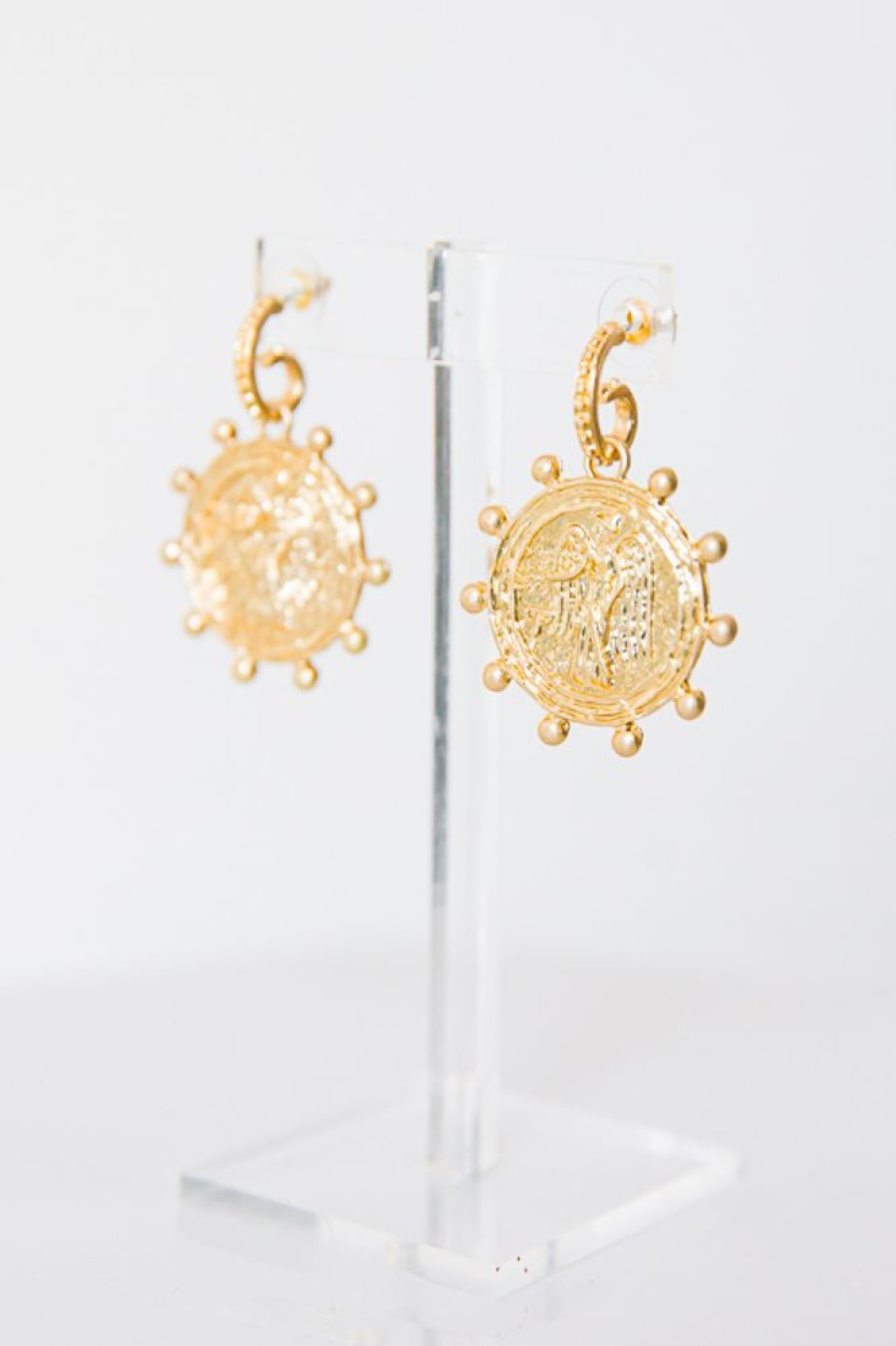 Golden Stella Jewelry | Coin Dangling Textured Hoops, Gold