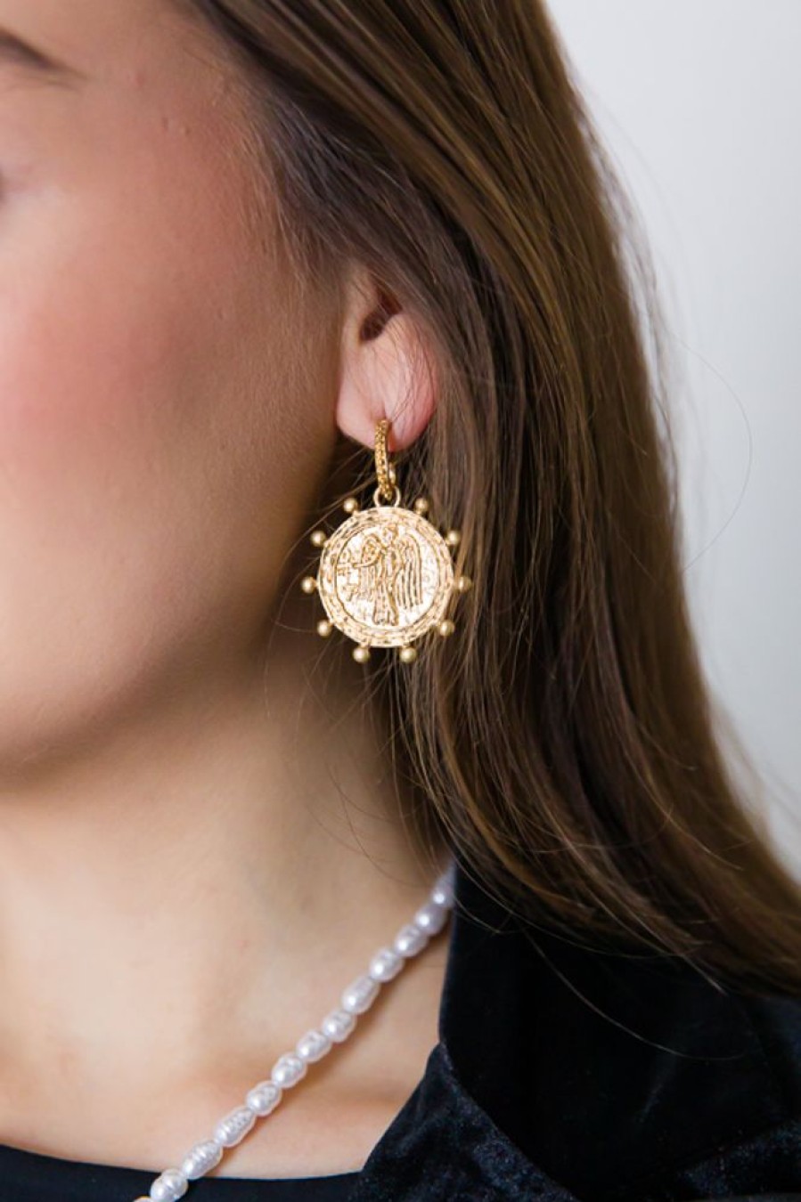 Golden Stella Jewelry | Coin Dangling Textured Hoops, Gold