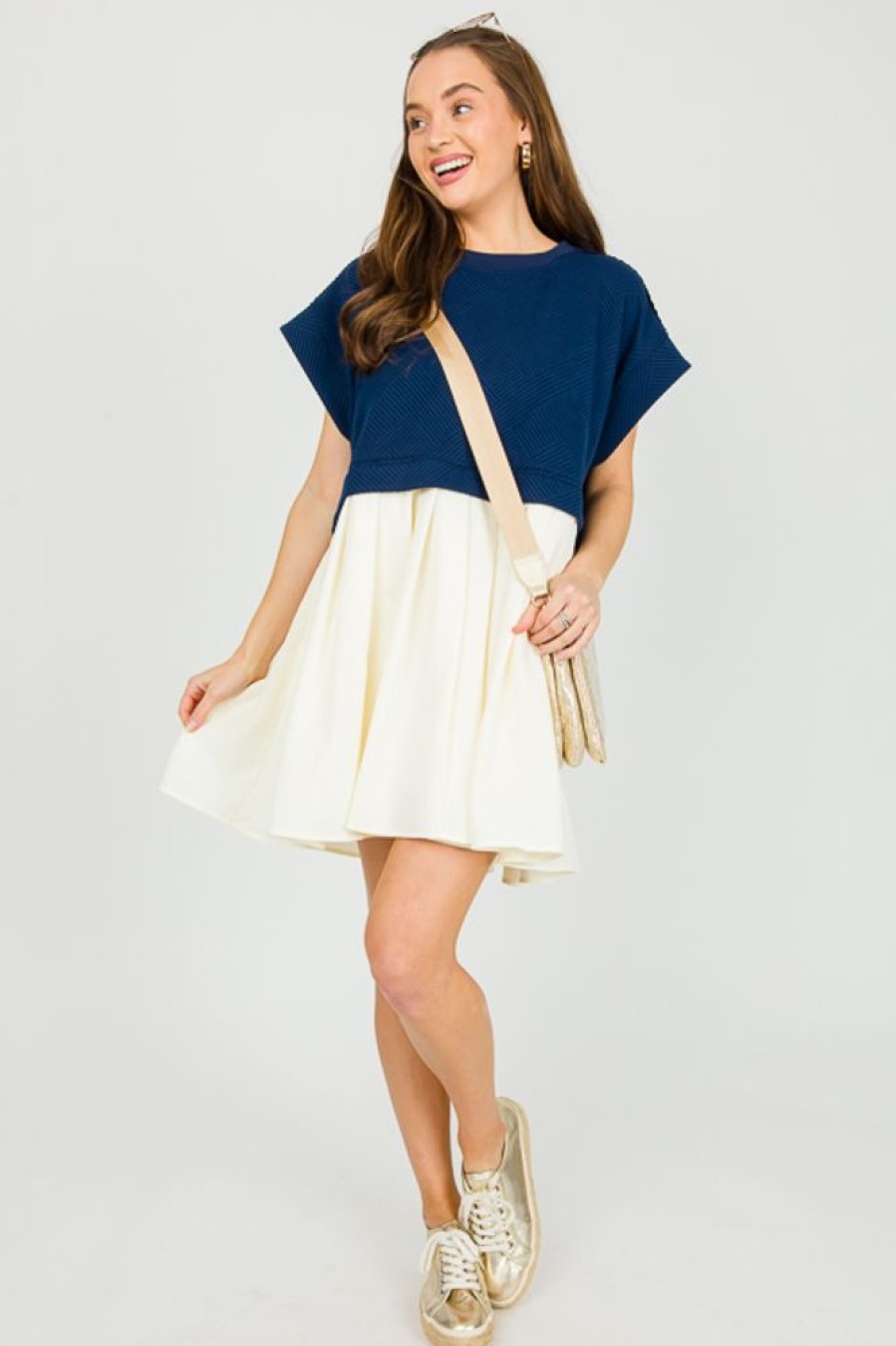 Entro White & Ivory | Texture Contrast Dress, Navy