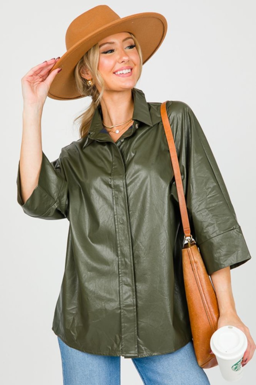 Glam 3/4 & Long Sleeve | Half Sleeve Leather Shirt, Olive