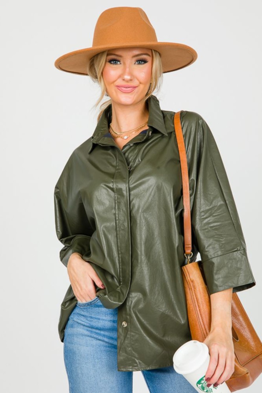 Glam 3/4 & Long Sleeve | Half Sleeve Leather Shirt, Olive