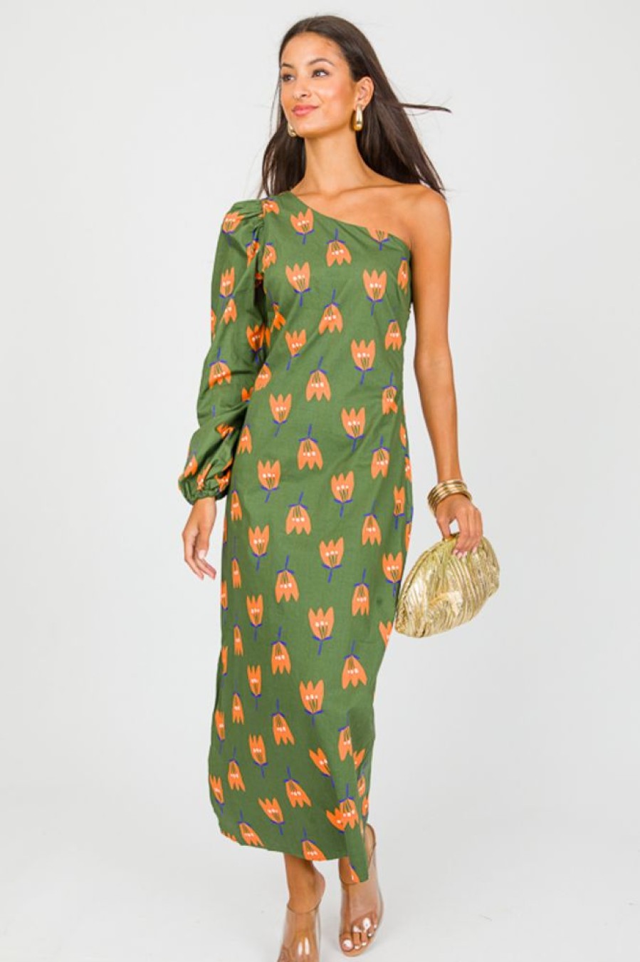 KARLIE Off Shoulder | Poppy Single Sleeve Midi, Olive