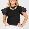 Olivaceous Short Sleeve & Sleeveless | Poplin Flutter Knit Top, Black