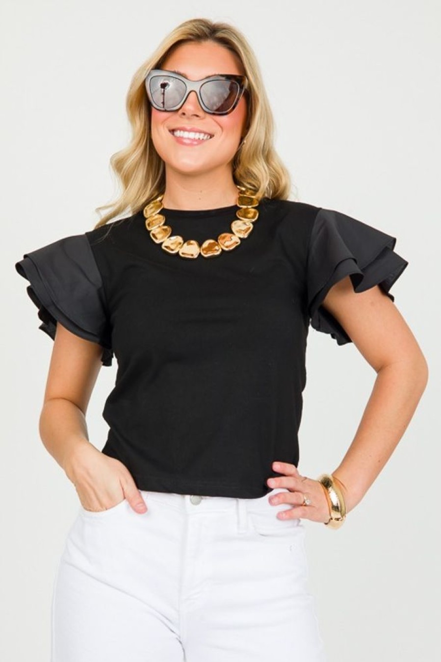 Olivaceous Short Sleeve & Sleeveless | Poplin Flutter Knit Top, Black