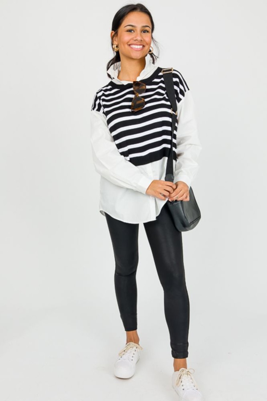 Blu Pepper 3/4 & Long Sleeve | Stripe Vest Layered Top, Black