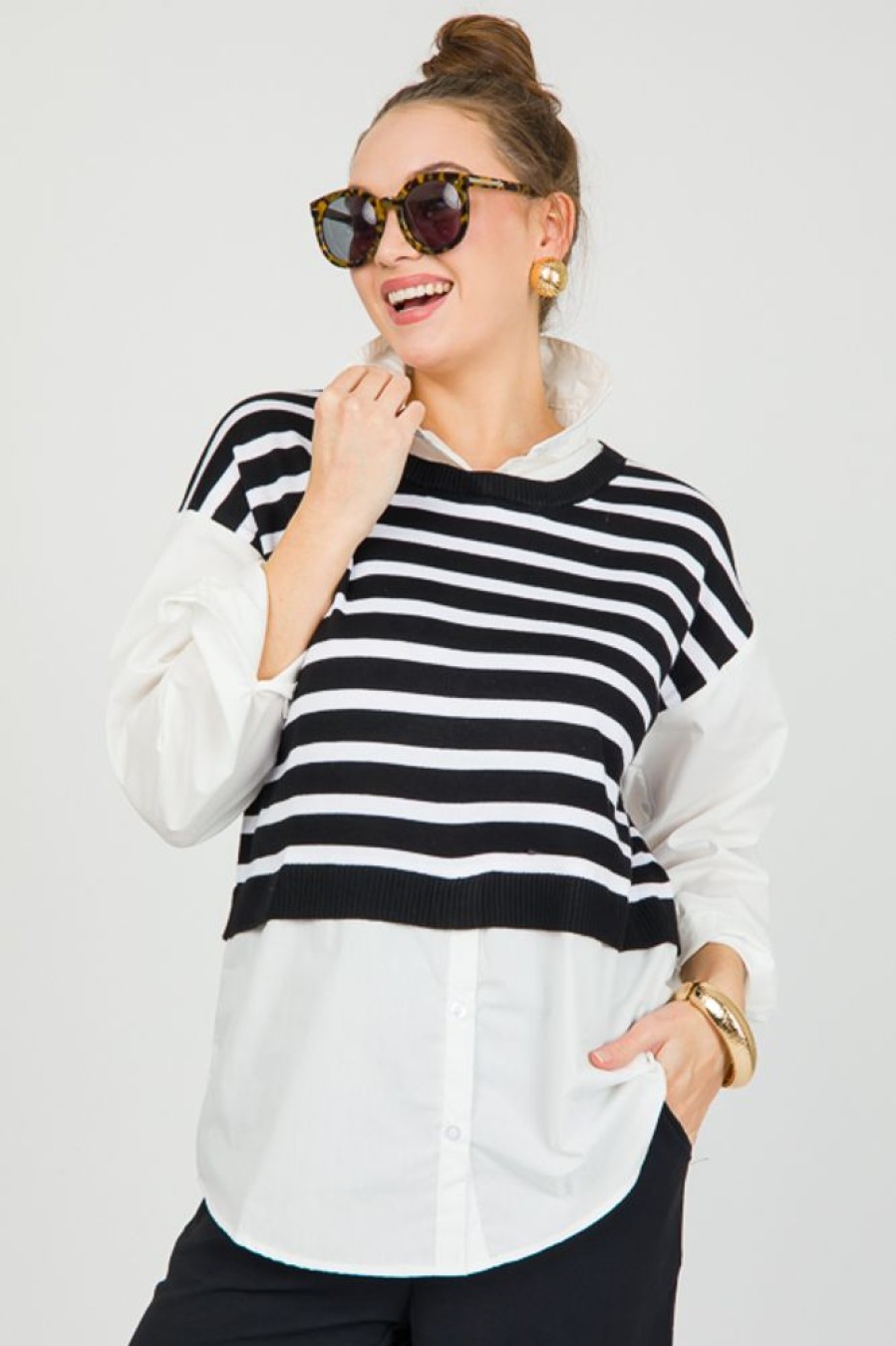 Blu Pepper 3/4 & Long Sleeve | Stripe Vest Layered Top, Black