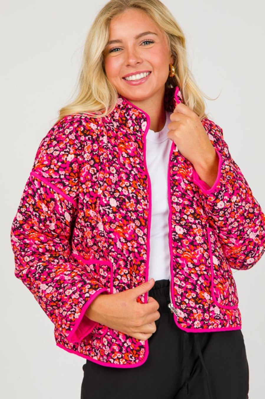 Pretty Follies Jackets / Coats / Vests / Blazers | Floral Quilted Jacket, Fuchsia