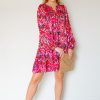 Pretty Follies Dresses W/ Sleeves | Tassel Tie Printed Dress, Fuchsia