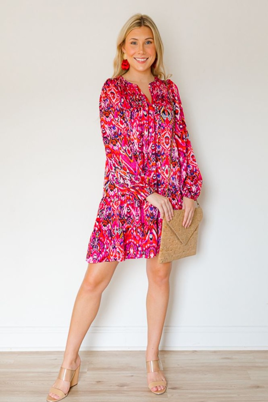 Pretty Follies Dresses W/ Sleeves | Tassel Tie Printed Dress, Fuchsia