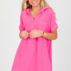 She + Sky Dresses W/ Sleeves | Agnes Linen Dress, Hot Pink