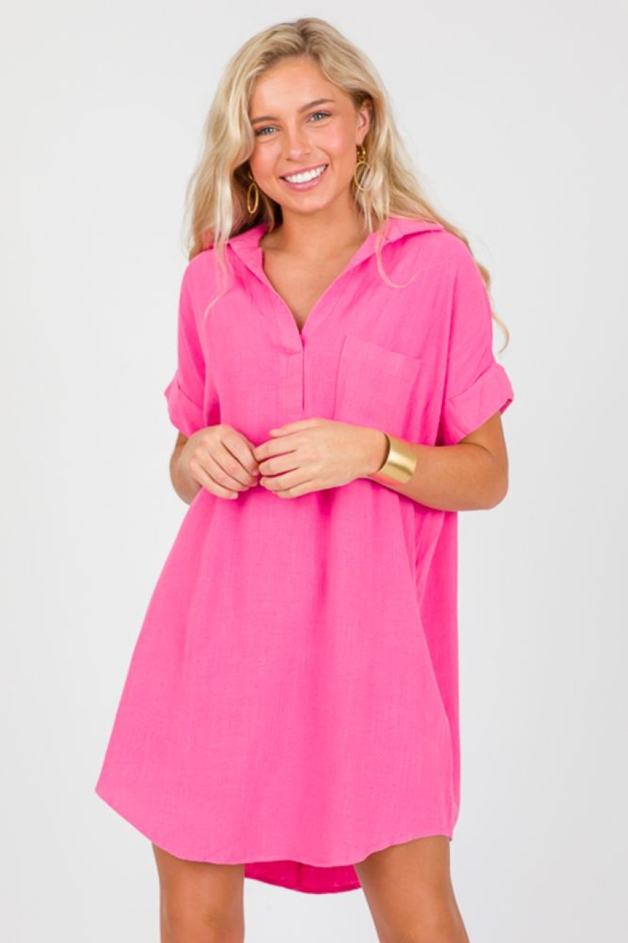 She + Sky Dresses W/ Sleeves | Agnes Linen Dress, Hot Pink