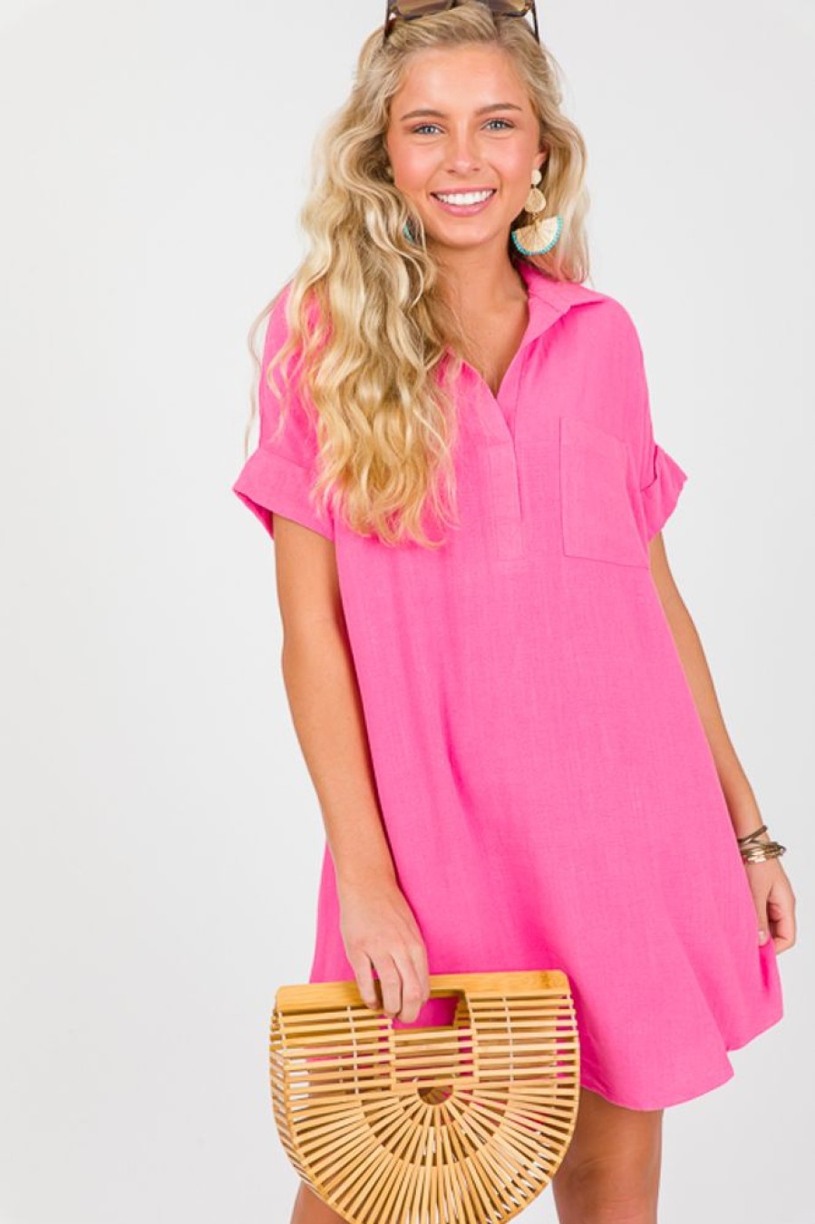 She + Sky Dresses W/ Sleeves | Agnes Linen Dress, Hot Pink