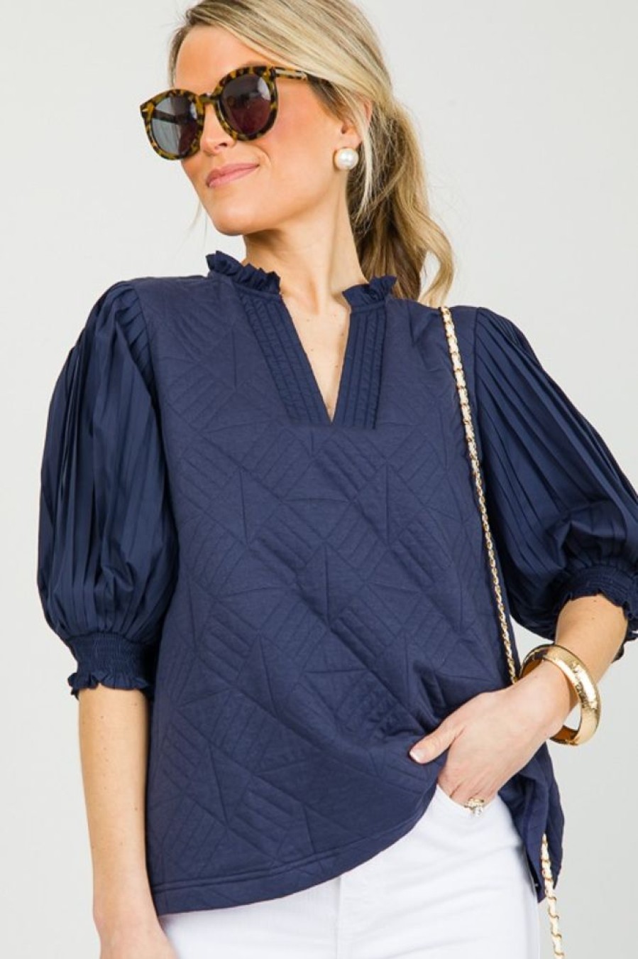 Entro Short Sleeve & Sleeveless | Quilted Pleat Sleeve Top, Navy