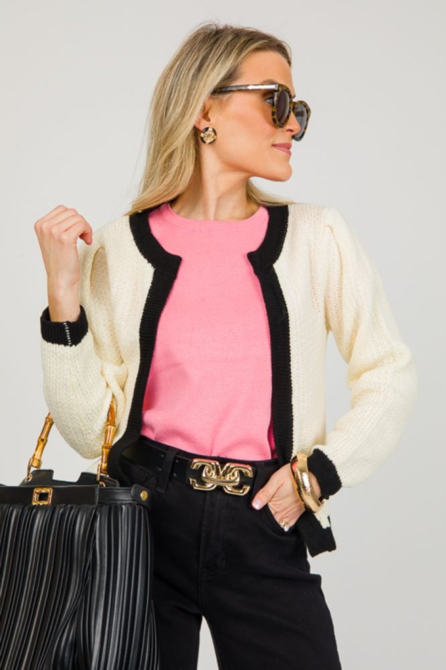 Pretty Follies 3/4 & Long Sleeve | Chic Colorblock Cardi, Cream