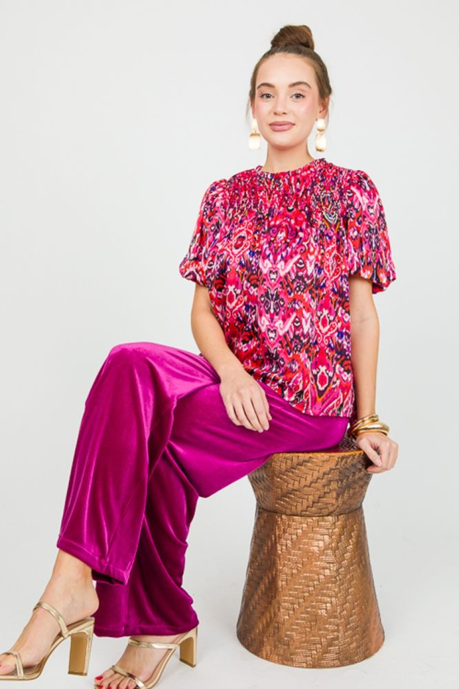 Pretty Follies Short Sleeve & Sleeveless | Smock Yoke Printed Top, Fuchsia