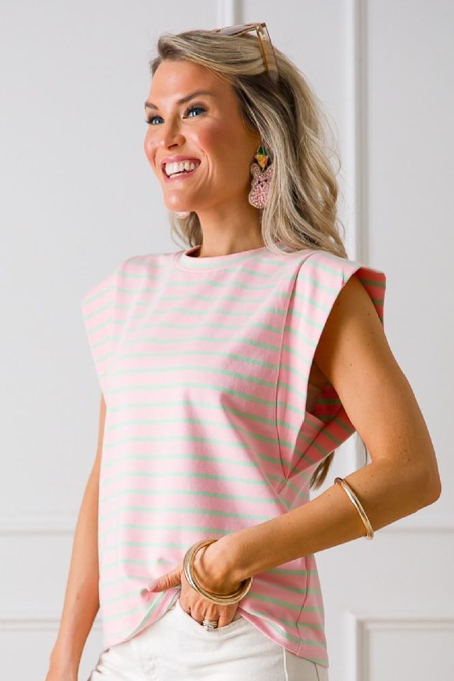 2.7 August Apparel Short Sleeve & Sleeveless | Natalie Stripe Top, Pink/Mint