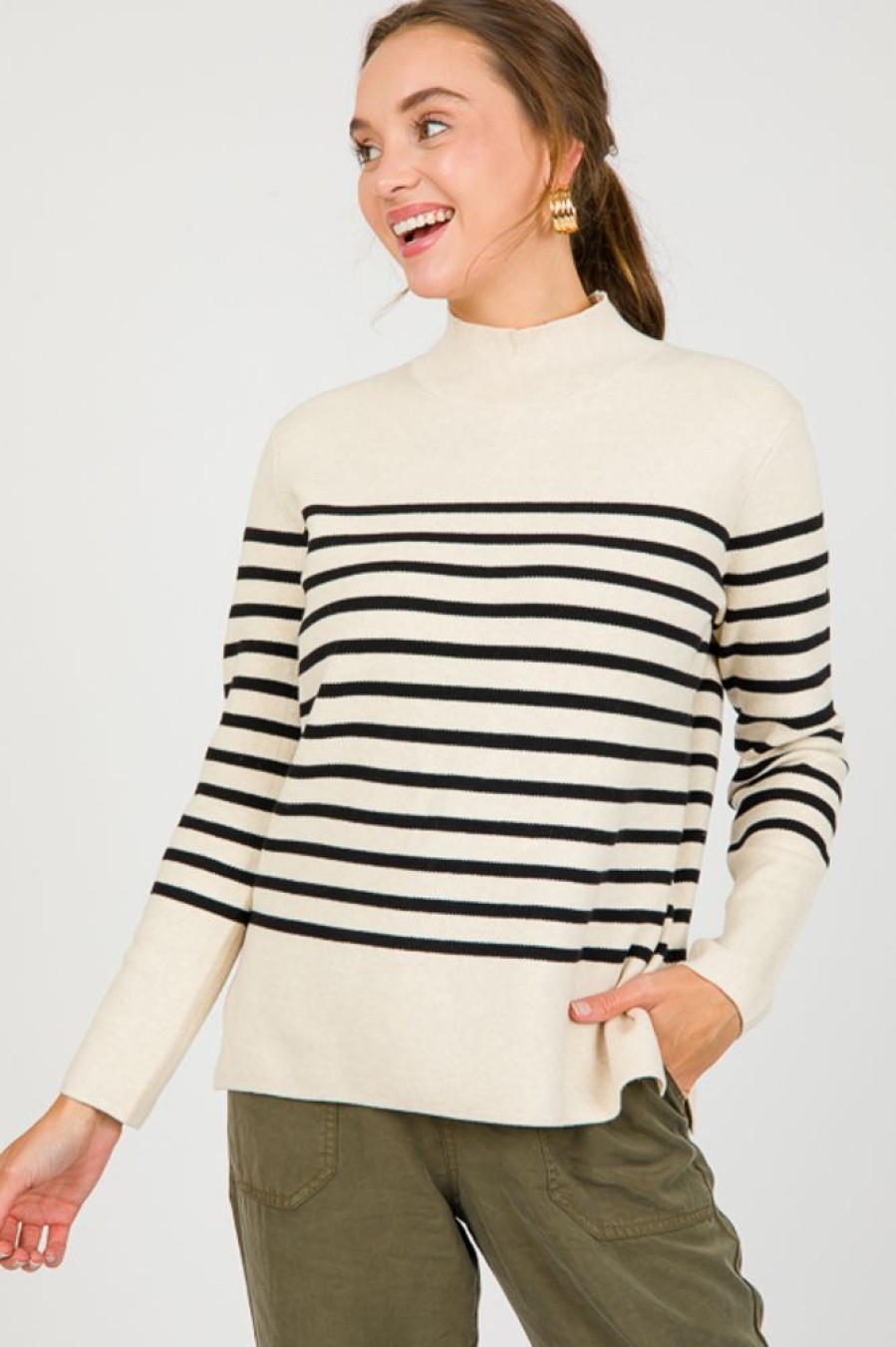 be cool 3/4 & Long Sleeve | Horizontal Stripes Sweater, Oatmeal