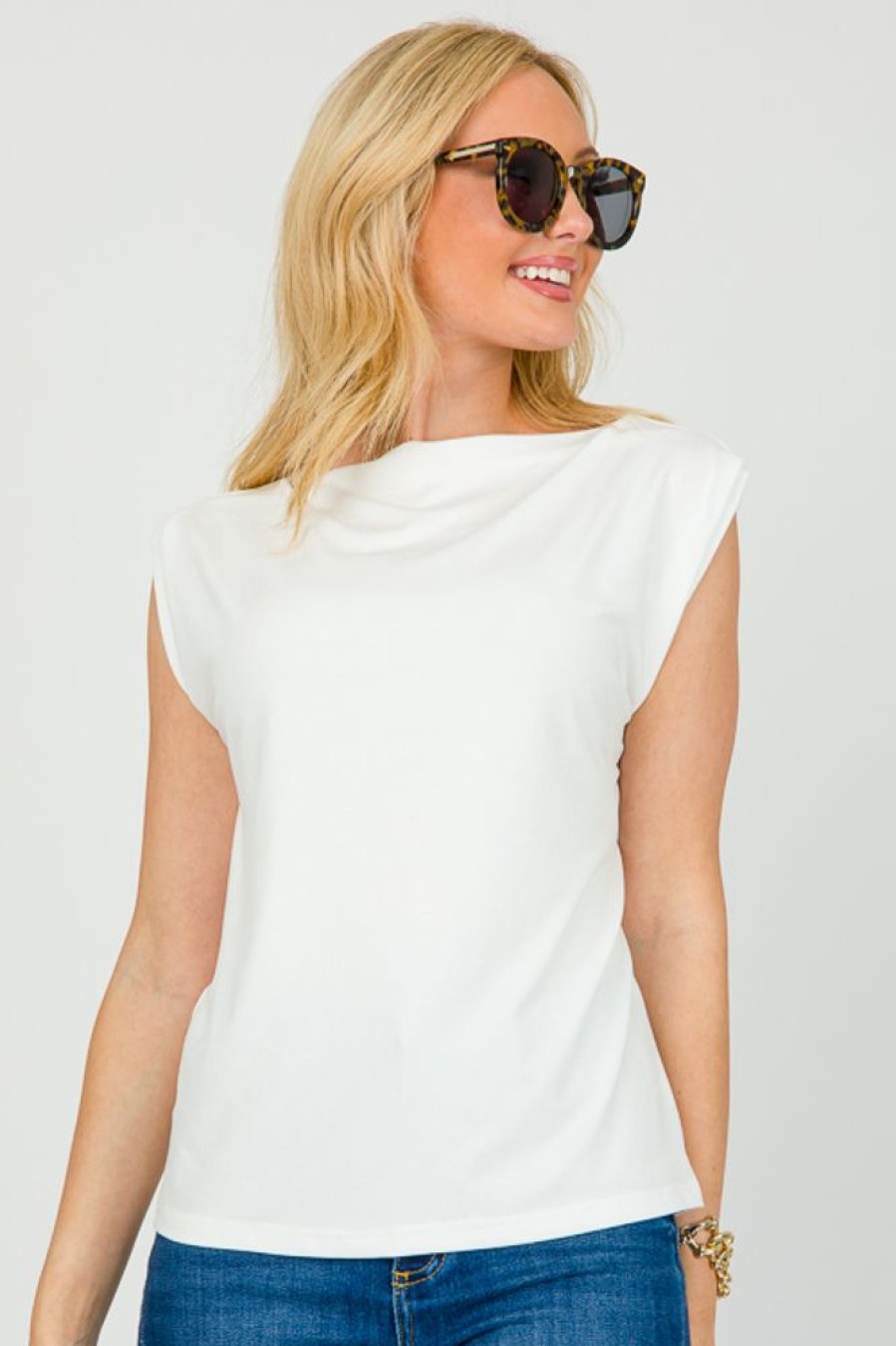 Fun 2 Fun Short Sleeve & Sleeveless | Boat Neck Knit Top, Ivory