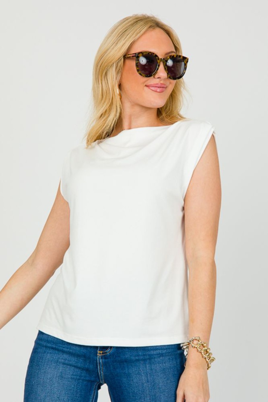 Fun 2 Fun Short Sleeve & Sleeveless | Boat Neck Knit Top, Ivory