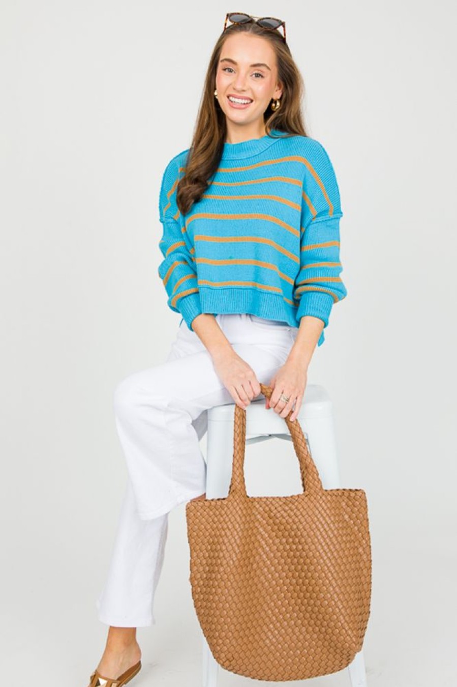 Veveret 3/4 & Long Sleeve | Ollie Stripe Sweater, Sky Blue