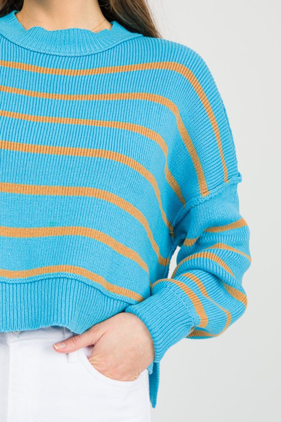 Veveret 3/4 & Long Sleeve | Ollie Stripe Sweater, Sky Blue