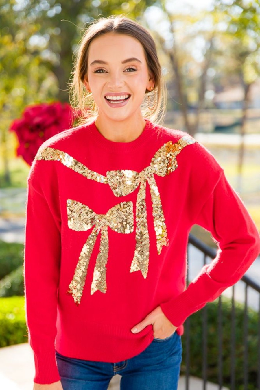 See and Be Seen 3/4 & Long Sleeve | Sequin Bow Sweater, Red