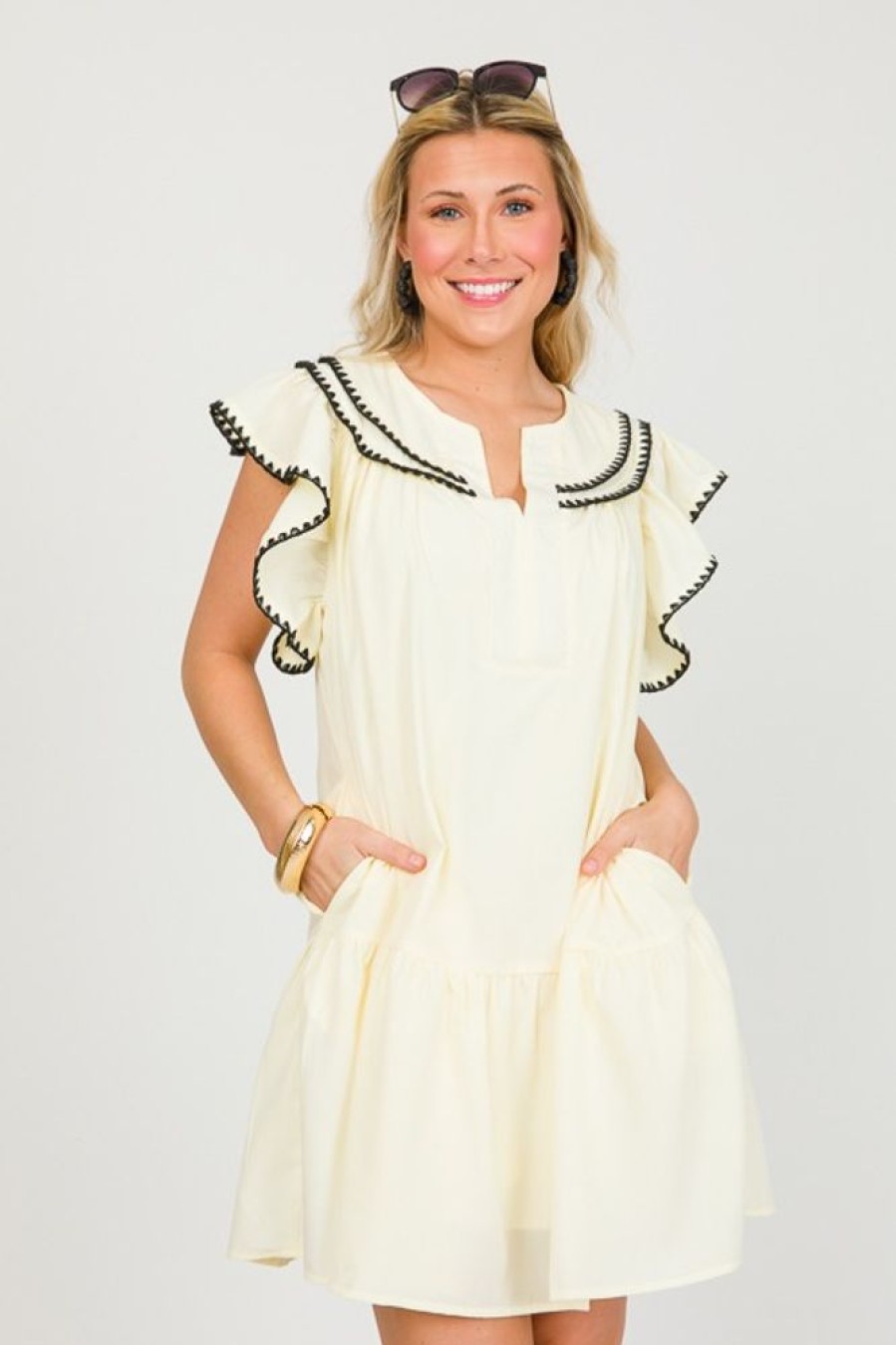 Entro White & Ivory | Stitch Contrast Ruffle Dress, Cream