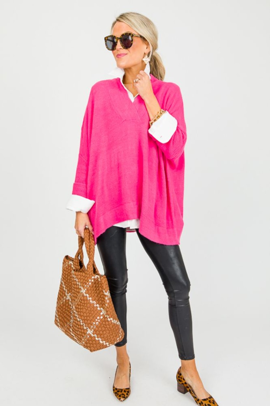 &merci 3/4 & Long Sleeve | V-Neck Pullover Sweater, Candy Pink