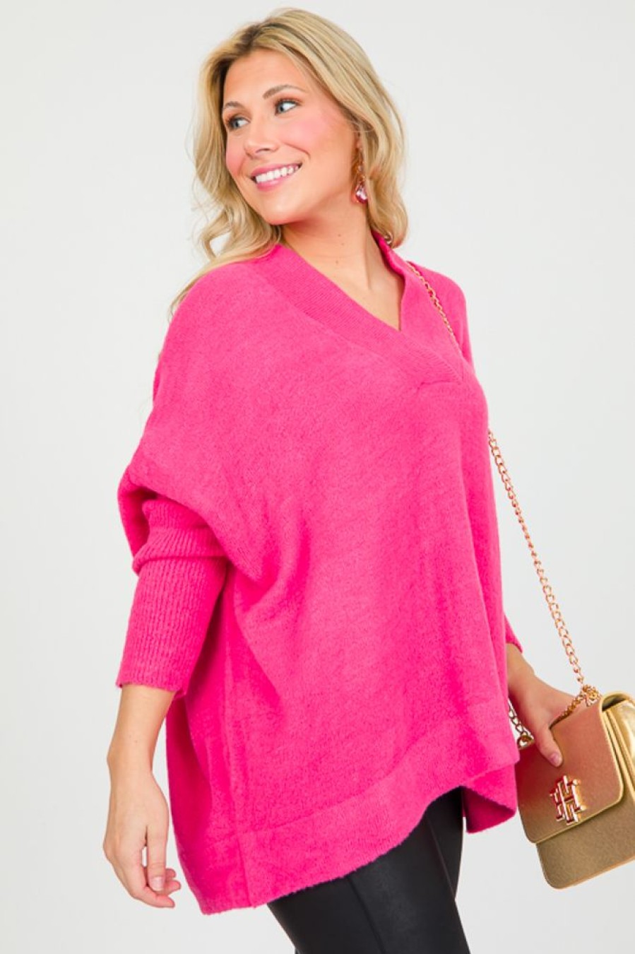 &merci 3/4 & Long Sleeve | V-Neck Pullover Sweater, Candy Pink