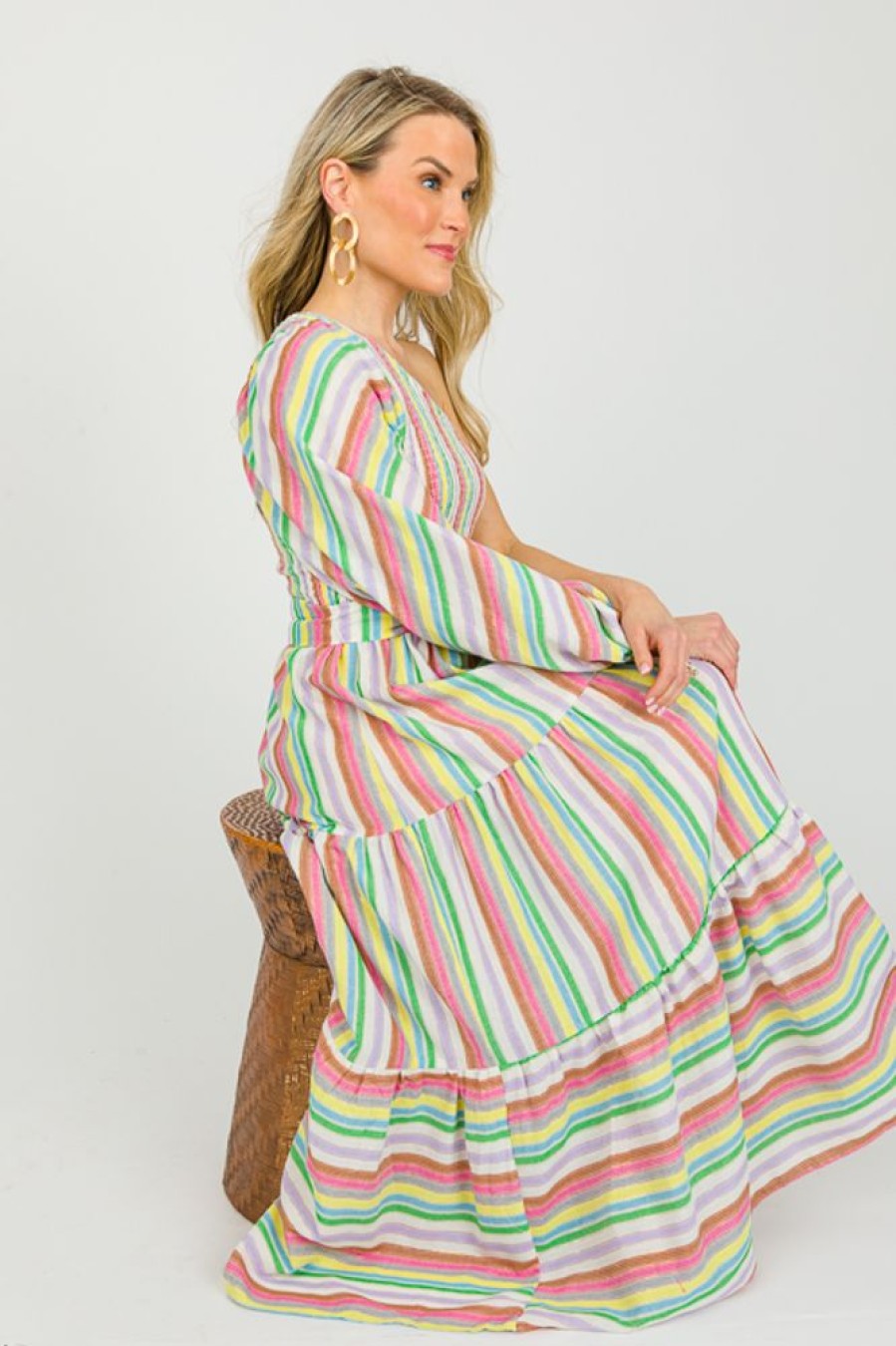 Flying Tomato Off Shoulder | Single Sleeve Multi Stripe Midi