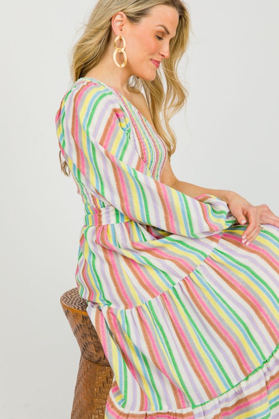 Flying Tomato Off Shoulder | Single Sleeve Multi Stripe Midi