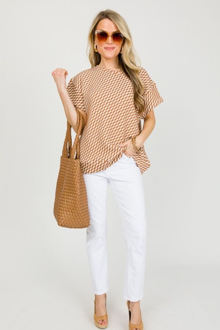 See and Be Seen Short Sleeve & Sleeveless | Textured Checks Pullover, Tan